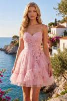 Load image into Gallery viewer, Ruffled Tulle Floral Spaghetti Straps A Line Pink Short Prom Dress