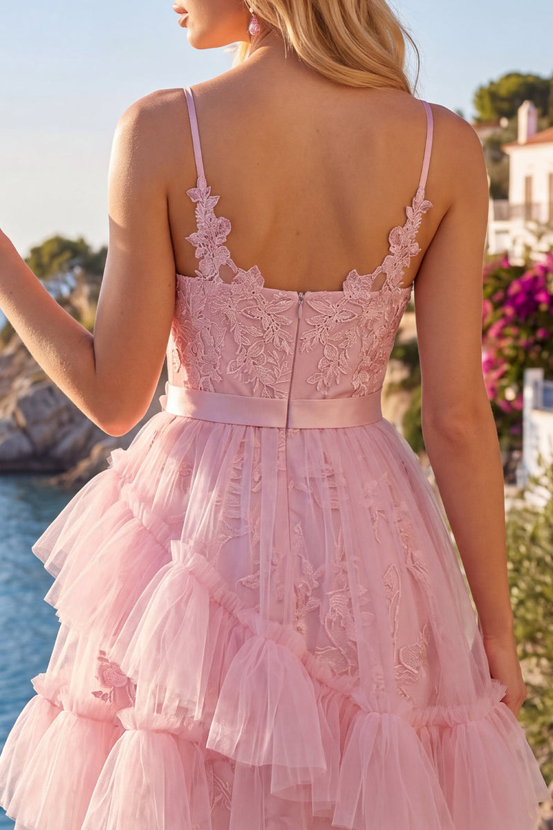 Load image into Gallery viewer, Ruffled Tulle Floral Spaghetti Straps A Line Pink Short Prom Dress