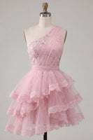 Load image into Gallery viewer, Tulle Floral One Shoulder Ruffled A Line Pink Short Prom Dress