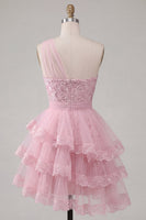 Load image into Gallery viewer, Tulle Floral One Shoulder Ruffled A Line Pink Short Prom Dress