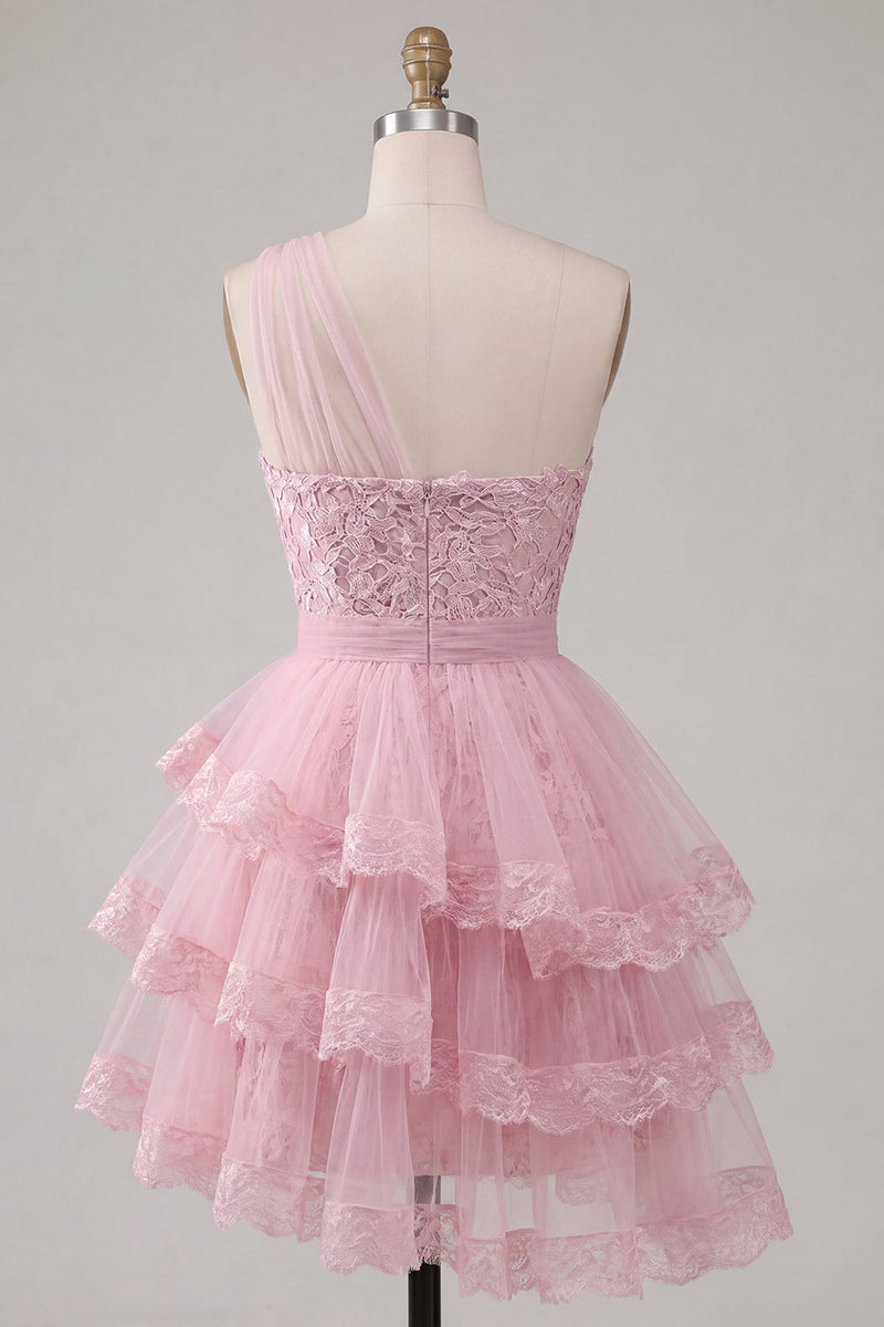 Load image into Gallery viewer, Tulle Floral One Shoulder Ruffled A Line Pink Short Prom Dress