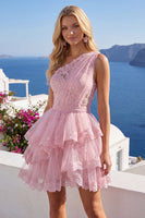 Load image into Gallery viewer, Tulle Floral One Shoulder Ruffled A Line Pink Short Prom Dress