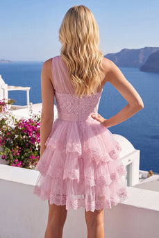 Tulle Floral One Shoulder Ruffled A Line Pink Short Prom Dress