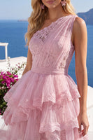 Load image into Gallery viewer, Tulle Floral One Shoulder Ruffled A Line Pink Short Prom Dress