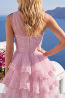 Load image into Gallery viewer, Tulle Floral One Shoulder Ruffled A Line Pink Short Prom Dress