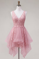 Load image into Gallery viewer, Lace V-Neck Appliqued A Line Pink Short Prom Dress