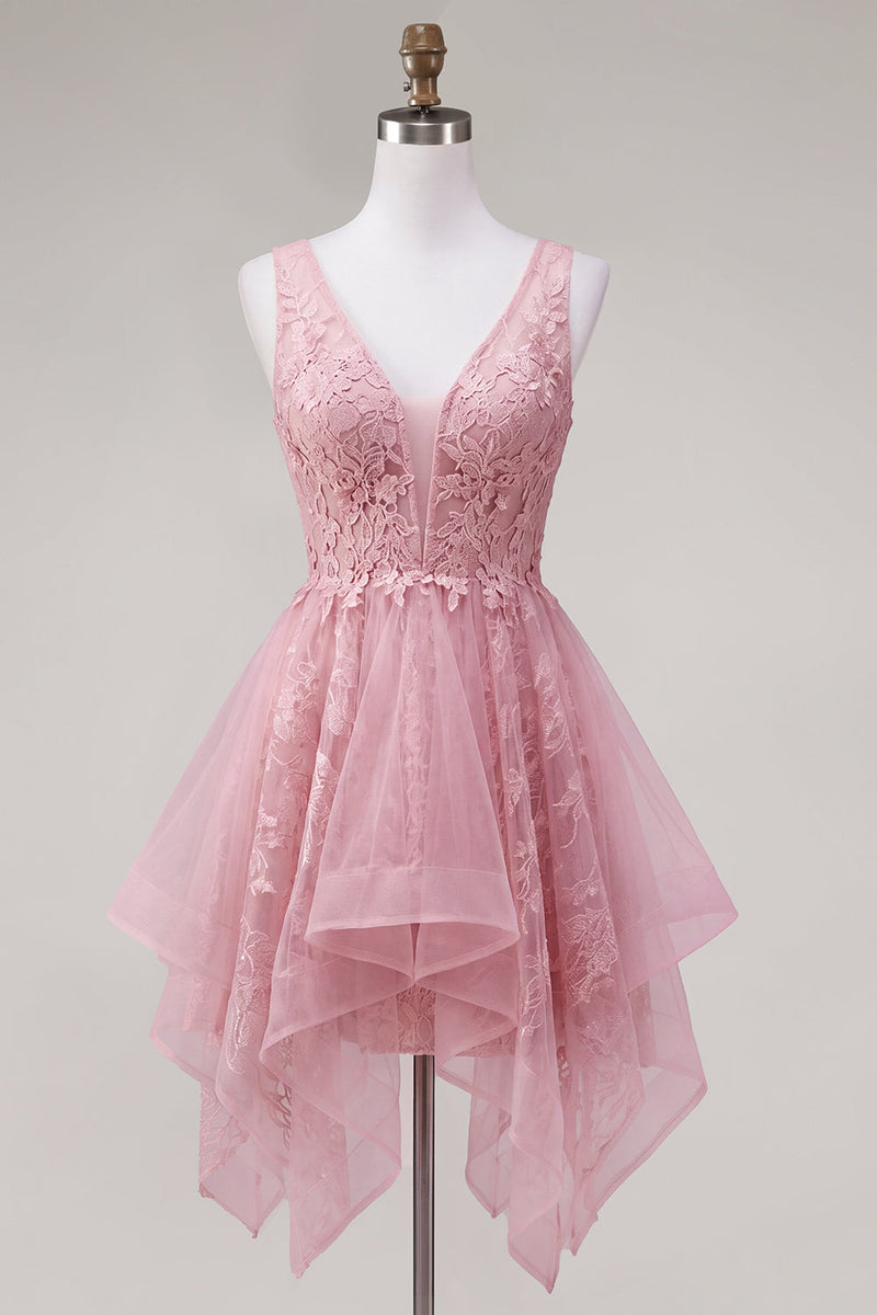 Load image into Gallery viewer, Lace V-Neck Appliqued A Line Pink Short Prom Dress