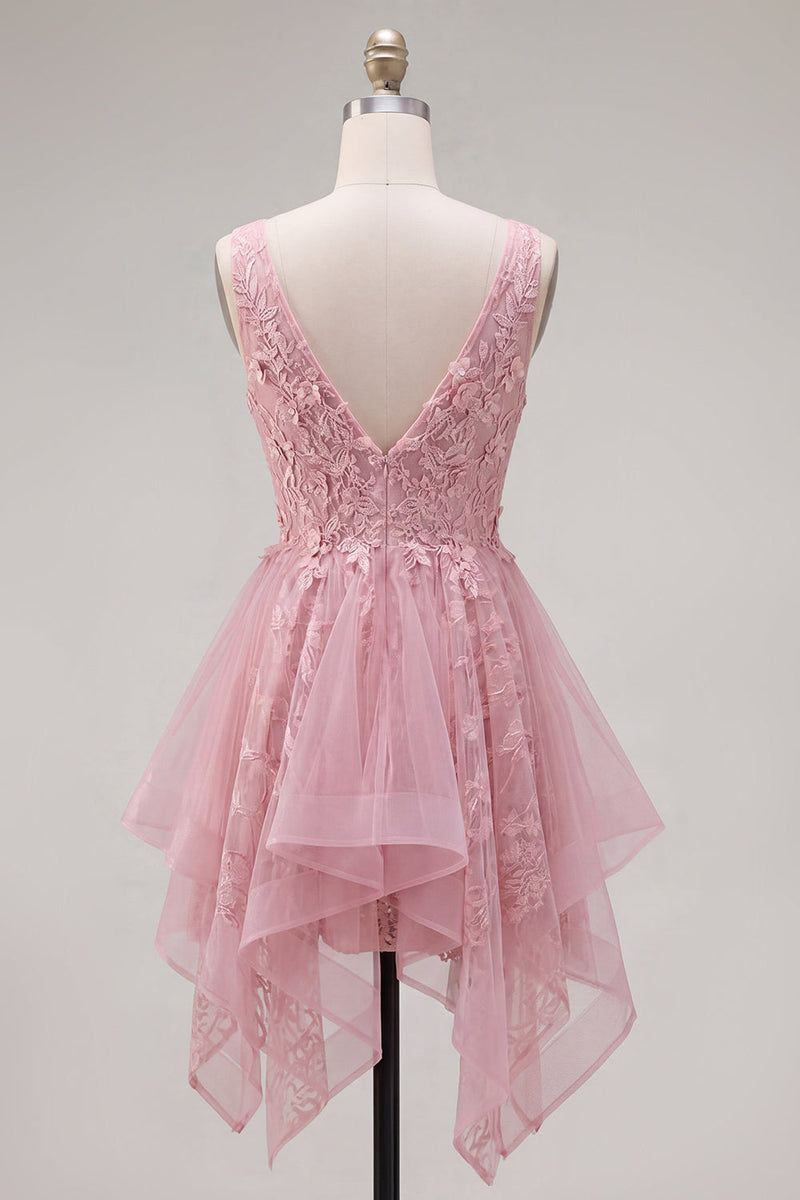 Load image into Gallery viewer, Lace V-Neck Appliqued A Line Pink Short Prom Dress
