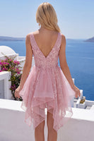 Load image into Gallery viewer, Lace V-Neck Appliqued A Line Pink Short Prom Dress