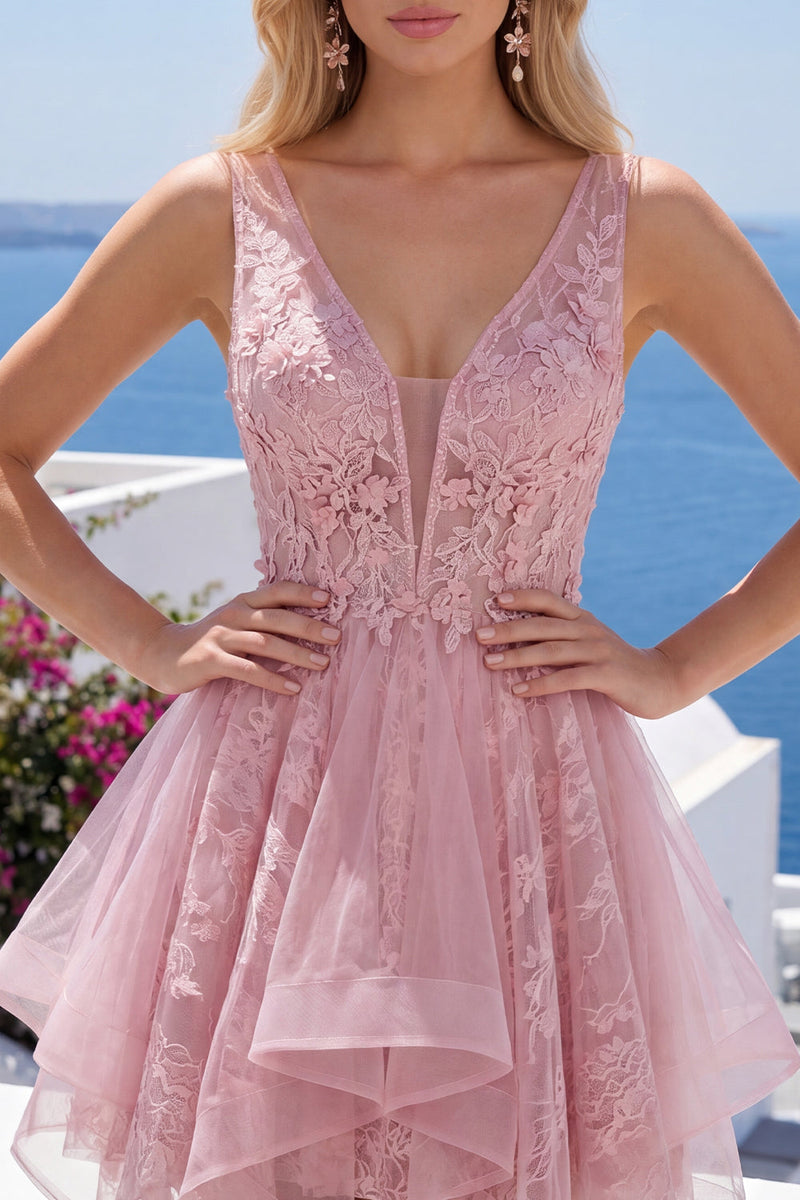Load image into Gallery viewer, Lace V-Neck Appliqued A Line Pink Short Prom Dress
