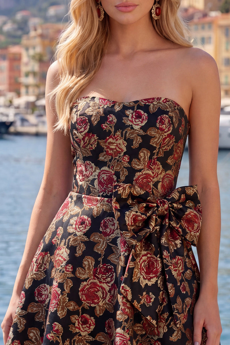 Load image into Gallery viewer, Fuchsia A Line Floral Strapless Short Birthday Party Dress with Bow