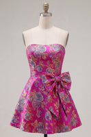 Load image into Gallery viewer, Fuchsia A Line Floral Strapless Short Birthday Party Dress with Bow