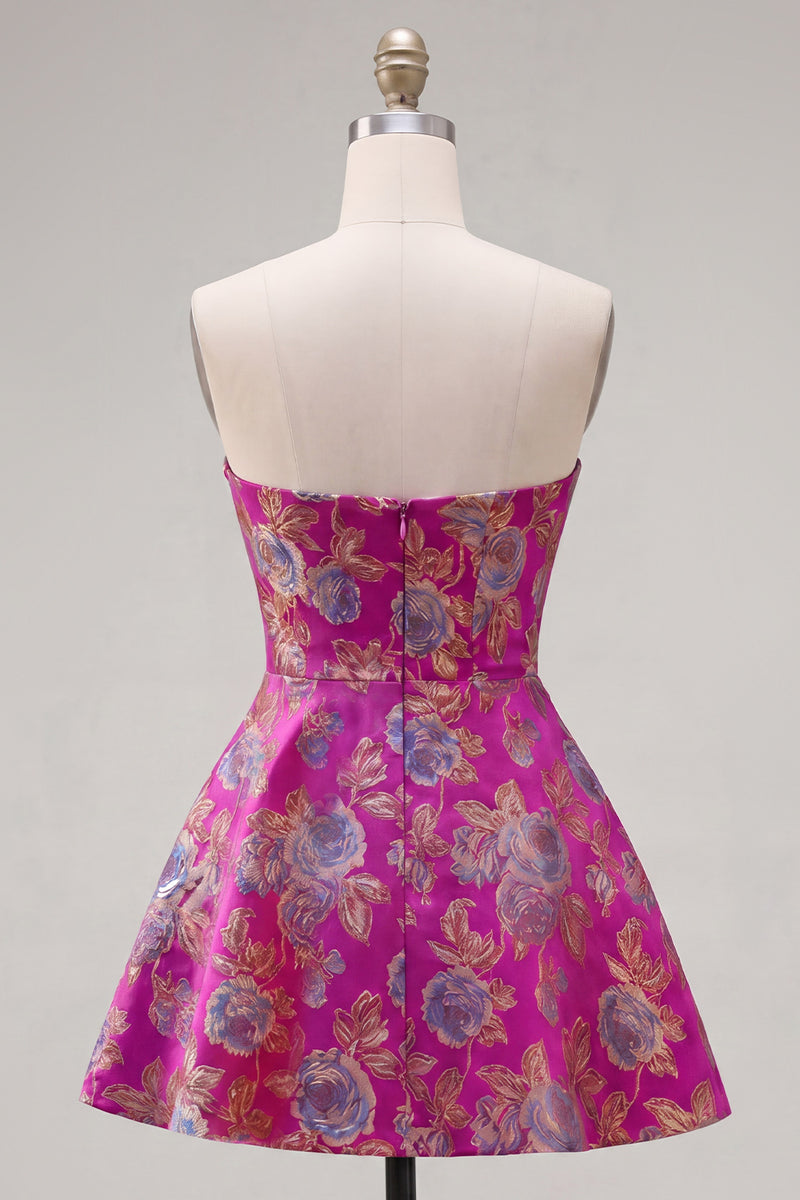 Load image into Gallery viewer, Fuchsia A Line Floral Strapless Short Birthday Party Dress with Bow