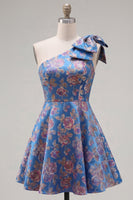 Load image into Gallery viewer, Blue A Line Floral One Shoulder Short Birthday Party Dress with Bow