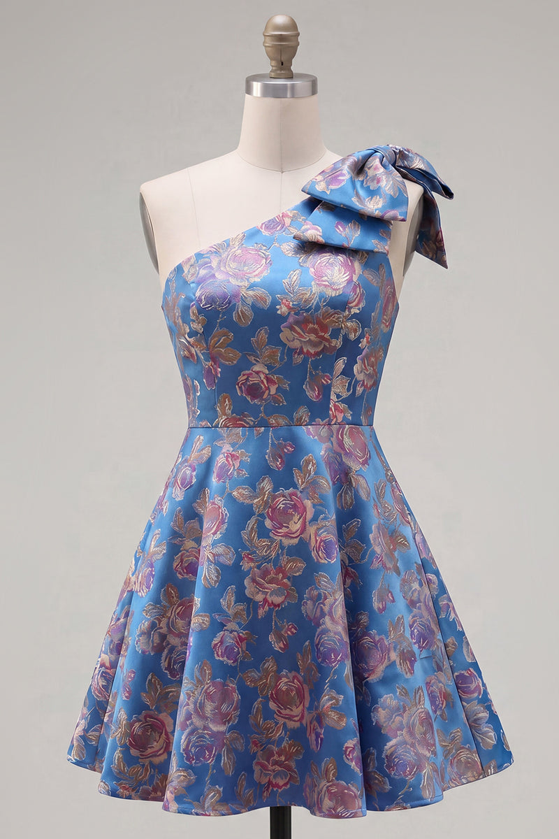Load image into Gallery viewer, Blue A Line Floral One Shoulder Short Birthday Party Dress with Bow