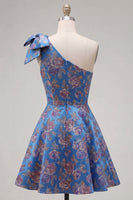 Load image into Gallery viewer, Blue A Line Floral One Shoulder Short Birthday Party Dress with Bow