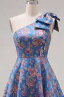 Load image into Gallery viewer, Blue A Line Floral One Shoulder Short Birthday Party Dress with Bow