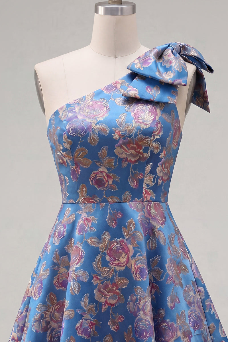 Load image into Gallery viewer, Blue A Line Floral One Shoulder Short Birthday Party Dress with Bow