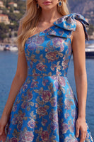 Load image into Gallery viewer, Blue A Line Floral One Shoulder Short Birthday Party Dress with Bow