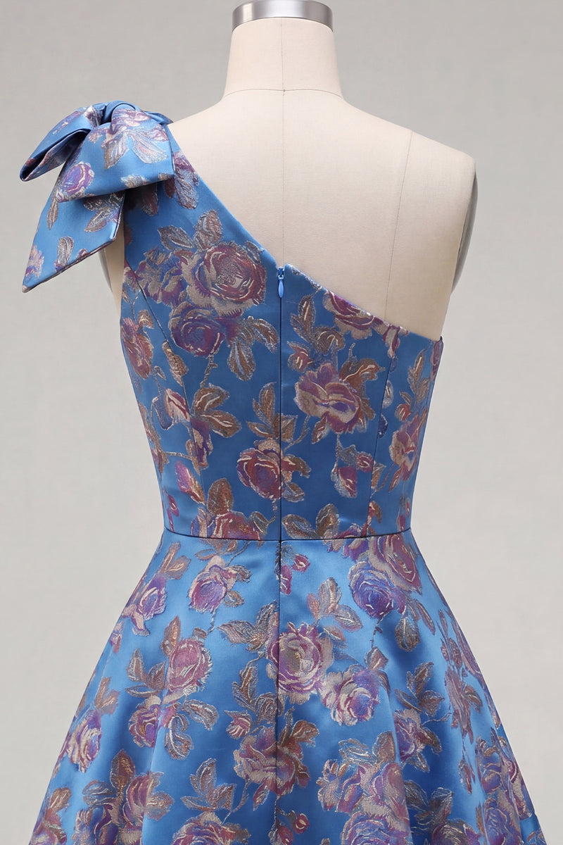 Load image into Gallery viewer, Blue A Line Floral One Shoulder Short Birthday Party Dress with Bow