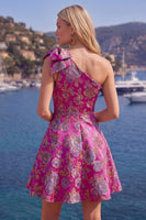 Load image into Gallery viewer, Blue A Line Floral One Shoulder Short Birthday Party Dress with Bow