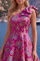 Load image into Gallery viewer, Blue A Line Floral One Shoulder Short Birthday Party Dress with Bow