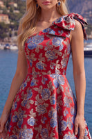 Load image into Gallery viewer, Blue A Line Floral One Shoulder Short Birthday Party Dress with Bow