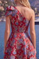 Load image into Gallery viewer, Blue A Line Floral One Shoulder Short Birthday Party Dress with Bow