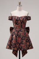 Load image into Gallery viewer, Black A Line Floral Off the Shoulder Short Birthday Party Dress with Bow