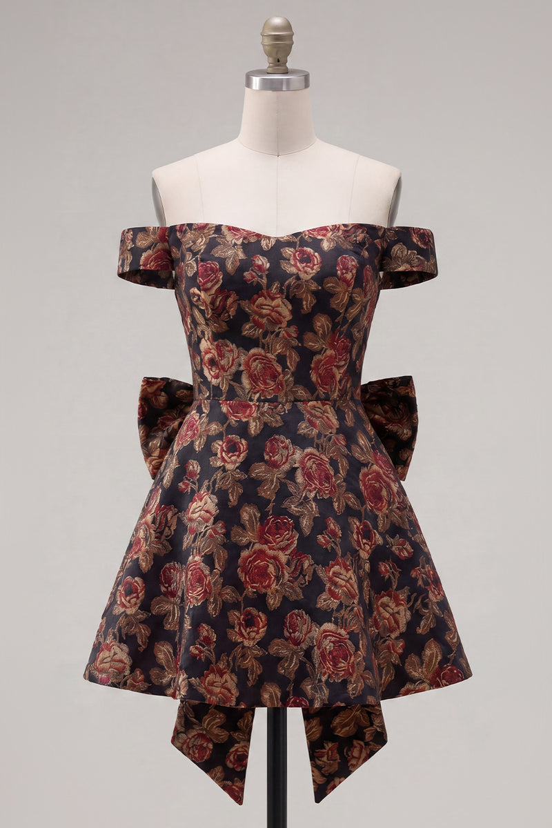 Load image into Gallery viewer, Black A Line Floral Off the Shoulder Short Birthday Party Dress with Bow