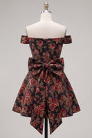 Load image into Gallery viewer, Black A Line Floral Off the Shoulder Short Birthday Party Dress with Bow
