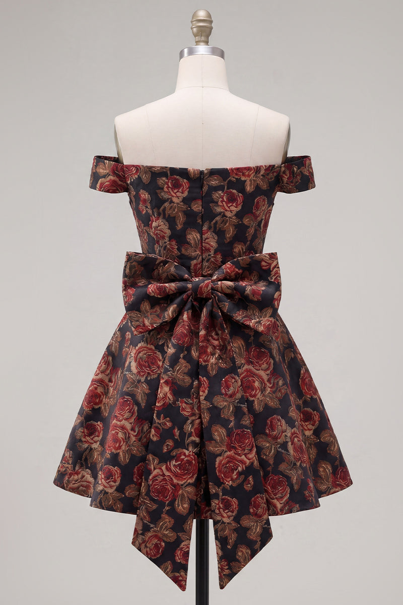 Load image into Gallery viewer, Black A Line Floral Off the Shoulder Short Birthday Party Dress with Bow