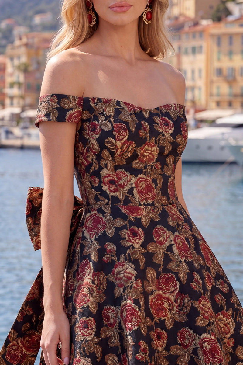 Load image into Gallery viewer, Black A Line Floral Off the Shoulder Short Birthday Party Dress with Bow