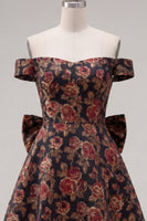 Load image into Gallery viewer, Black A Line Floral Off the Shoulder Short Birthday Party Dress with Bow