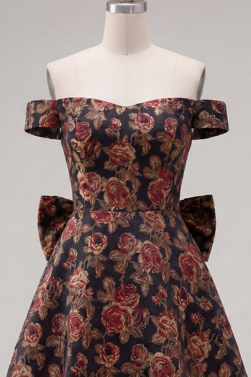 Load image into Gallery viewer, Black A Line Floral Off the Shoulder Short Birthday Party Dress with Bow