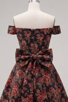 Load image into Gallery viewer, Black A Line Floral Off the Shoulder Short Birthday Party Dress with Bow