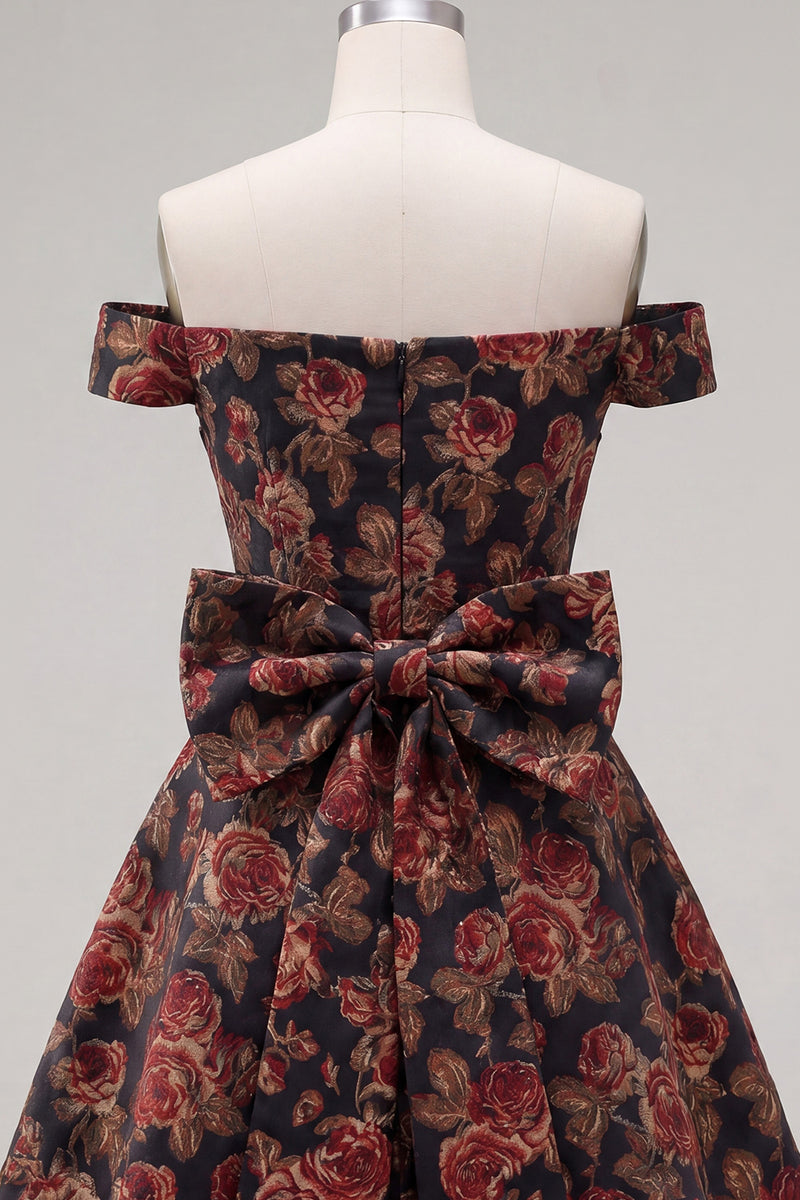 Load image into Gallery viewer, Black A Line Floral Off the Shoulder Short Birthday Party Dress with Bow
