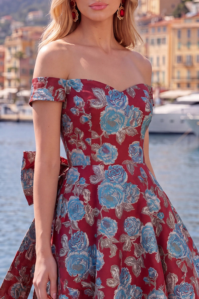 Load image into Gallery viewer, Black A Line Floral Off the Shoulder Short Birthday Party Dress with Bow