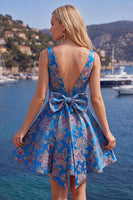 Load image into Gallery viewer, Floral Red A Line V-Neck Short Birthday Party Dress with Bow