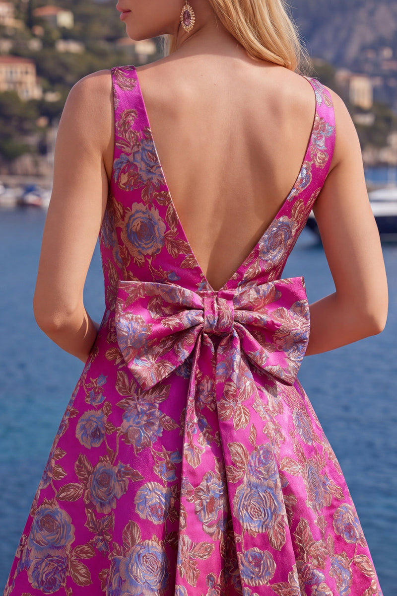 Load image into Gallery viewer, Floral Red A Line V-Neck Short Birthday Party Dress with Bow
