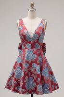 Load image into Gallery viewer, Floral Red A Line V-Neck Short Birthday Party Dress with Bow