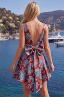 Load image into Gallery viewer, Floral Red A Line V-Neck Short Birthday Party Dress with Bow