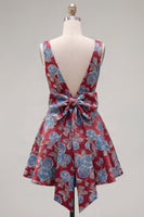Load image into Gallery viewer, Floral Red A Line V-Neck Short Birthday Party Dress with Bow