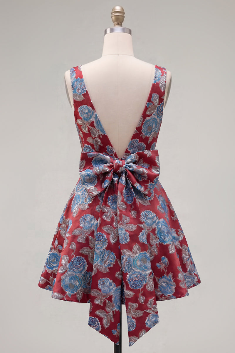 Load image into Gallery viewer, Floral Red A Line V-Neck Short Birthday Party Dress with Bow