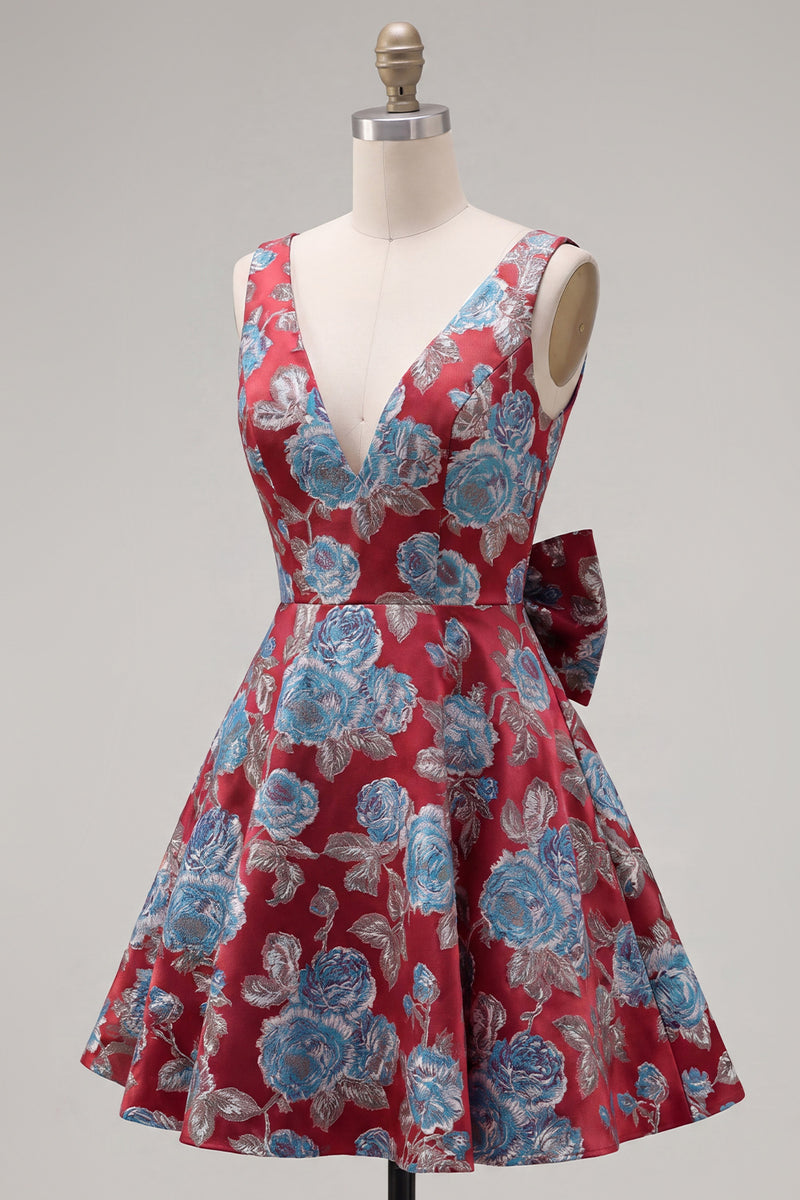 Load image into Gallery viewer, Floral Red A Line V-Neck Short Birthday Party Dress with Bow