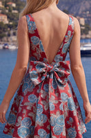 Load image into Gallery viewer, Floral Red A Line V-Neck Short Birthday Party Dress with Bow