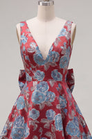 Load image into Gallery viewer, Floral Red A Line V-Neck Short Birthday Party Dress with Bow