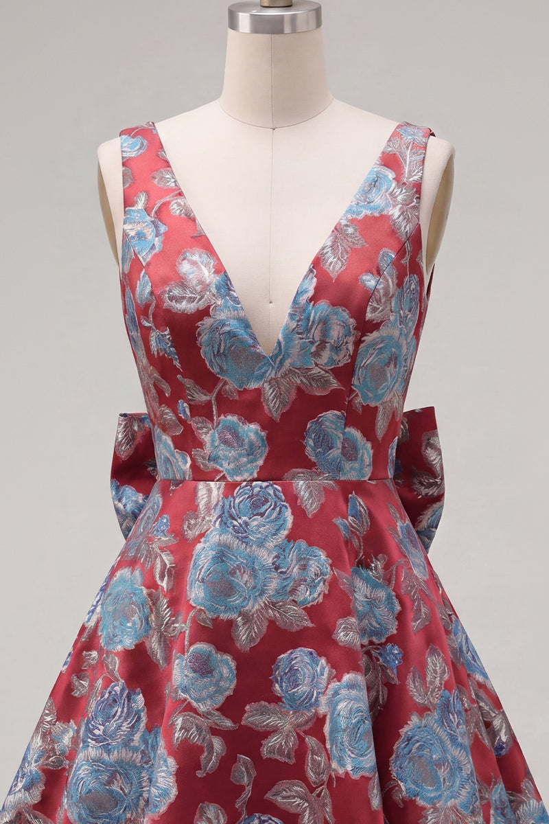 Load image into Gallery viewer, Floral Red A Line V-Neck Short Birthday Party Dress with Bow