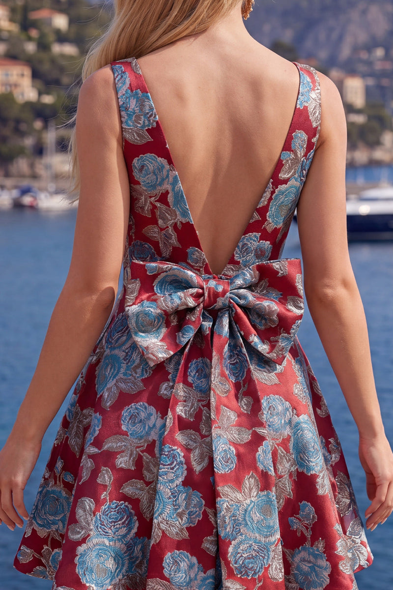 Load image into Gallery viewer, Floral Red A Line V-Neck Short Birthday Party Dress with Bow