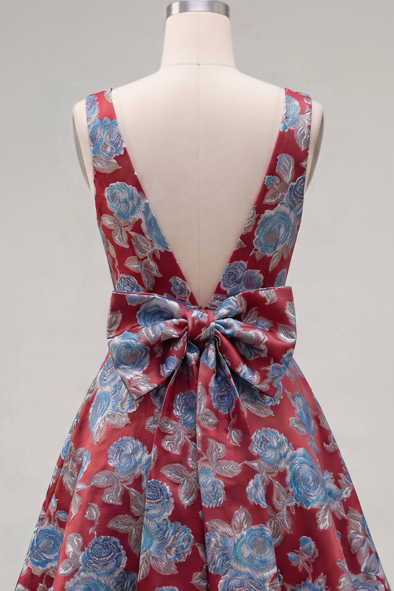 Load image into Gallery viewer, Floral Red A Line V-Neck Short Birthday Party Dress with Bow